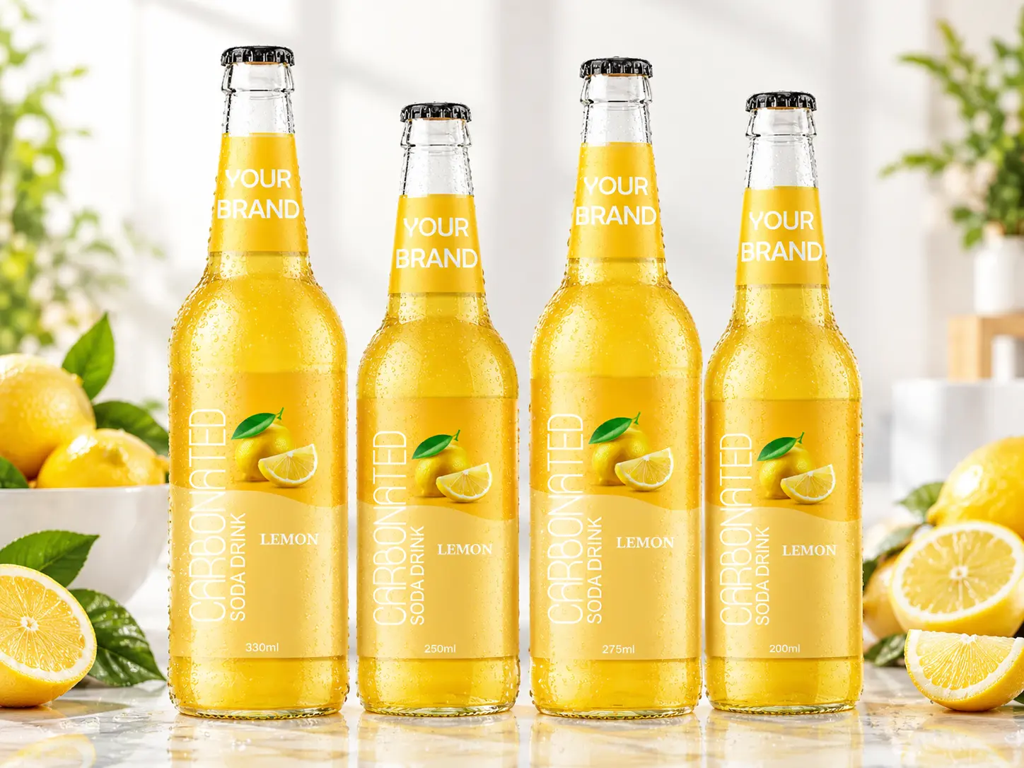 CARBONATED SODA DRINK Lemon flavour in 330ml, 250ml, 275ml and 200ml glass bottles.